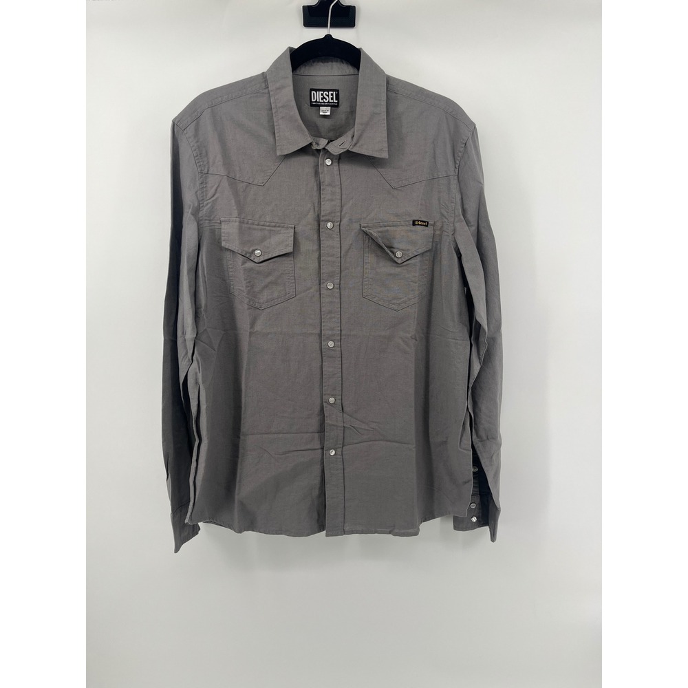 Diesel Mens XL Grey Cotton Hemp Blend Western Snap Button Down Shirt Long Sleeve